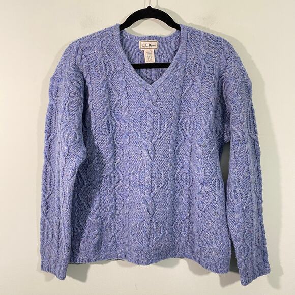Vintage LL Bean Women's Blue Speckle Cable Knit V-neck Wool Sweater Size M - Picture 1 of 8